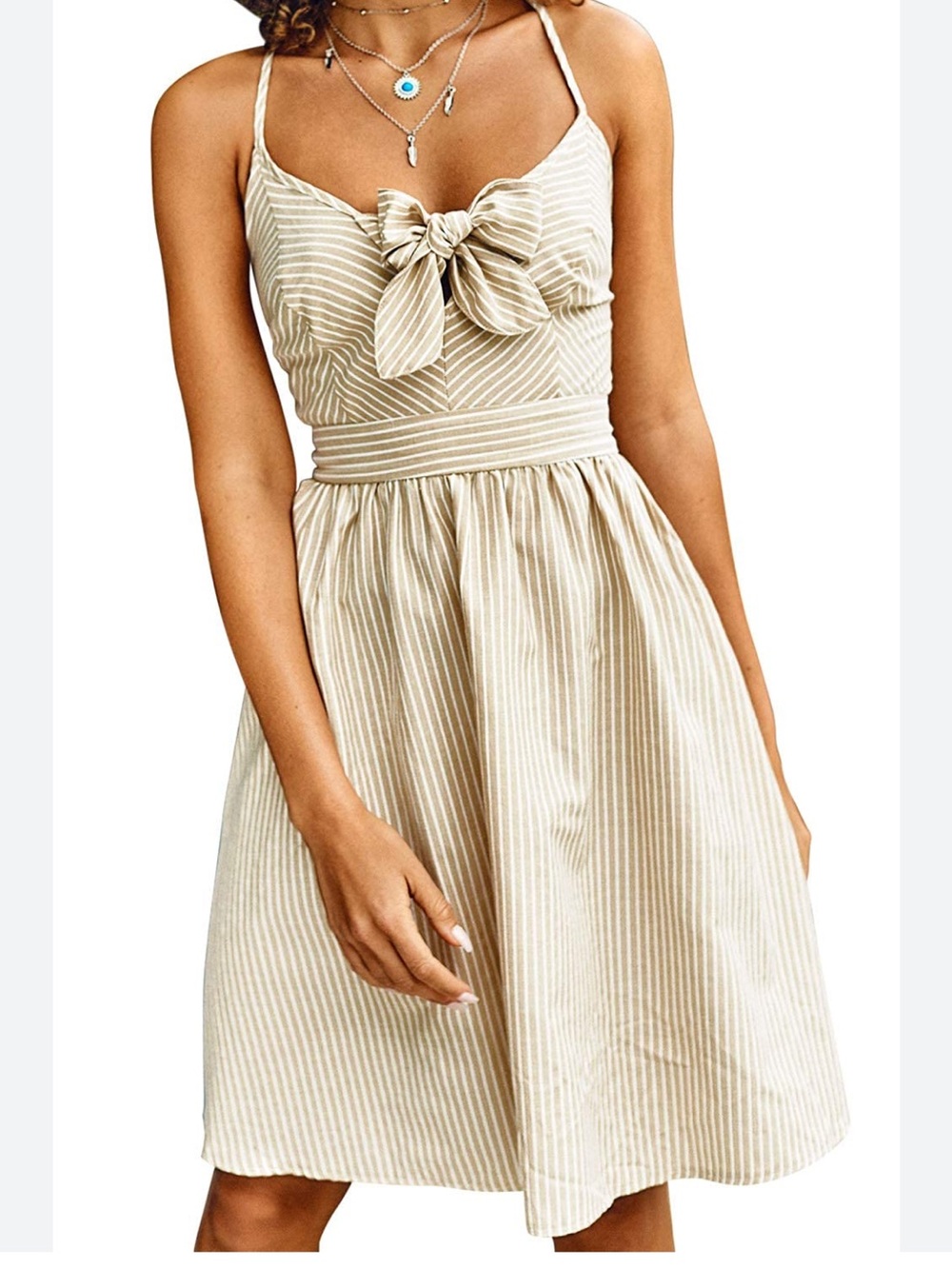 Tan & White Striped Classy Preppy Midi Flair Sundress Size Large